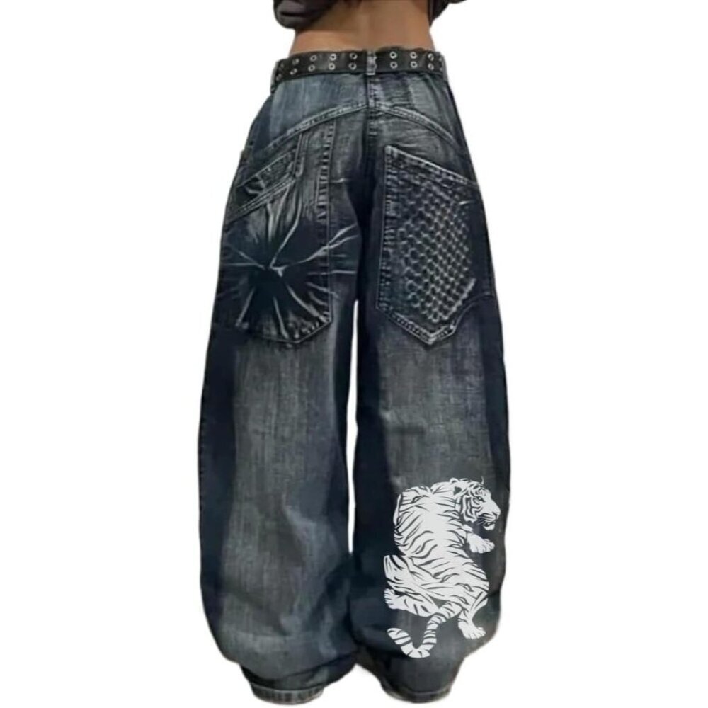 Unisex Y2K Gothic Print Wide Leg Baggy Jeans Vintage High Waist Denim - Picture 1 of 6